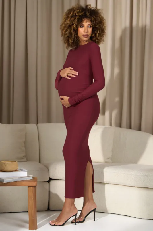 Dove | Vintage Berry Bodycon Long-Sleeve Maternity Maxi Dress sold by Club L London