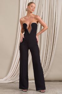 Julia | Black Extreme Plunge Cut Out Wide Leg Jumpsuit sold by Club L London