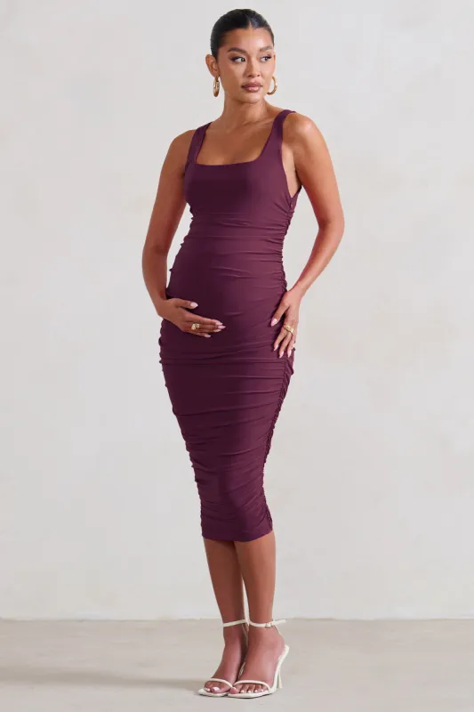 Lisbon | Plum Maternity Square Neck Ruched Midi Dress sold by Club L London