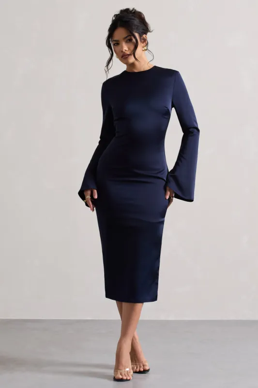 Zaina | Navy Long Sleeve Midi Dress with High Neckline sold by Club L London