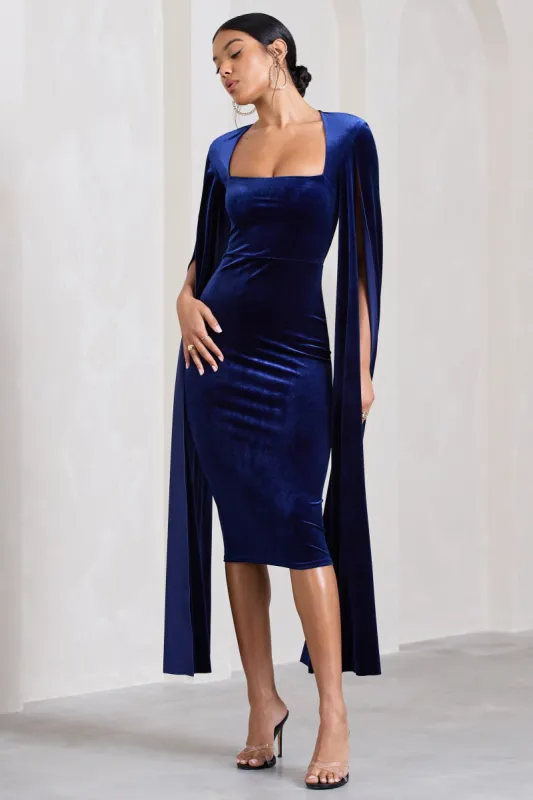 Flawless | Navy Velvet Square Neck Midi Dress With Cape Sleeves sold by Club L London