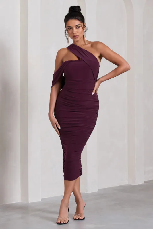 Cici | Plum Asymmetric One Shoulder Ruched Midi Dress sold by Club L London