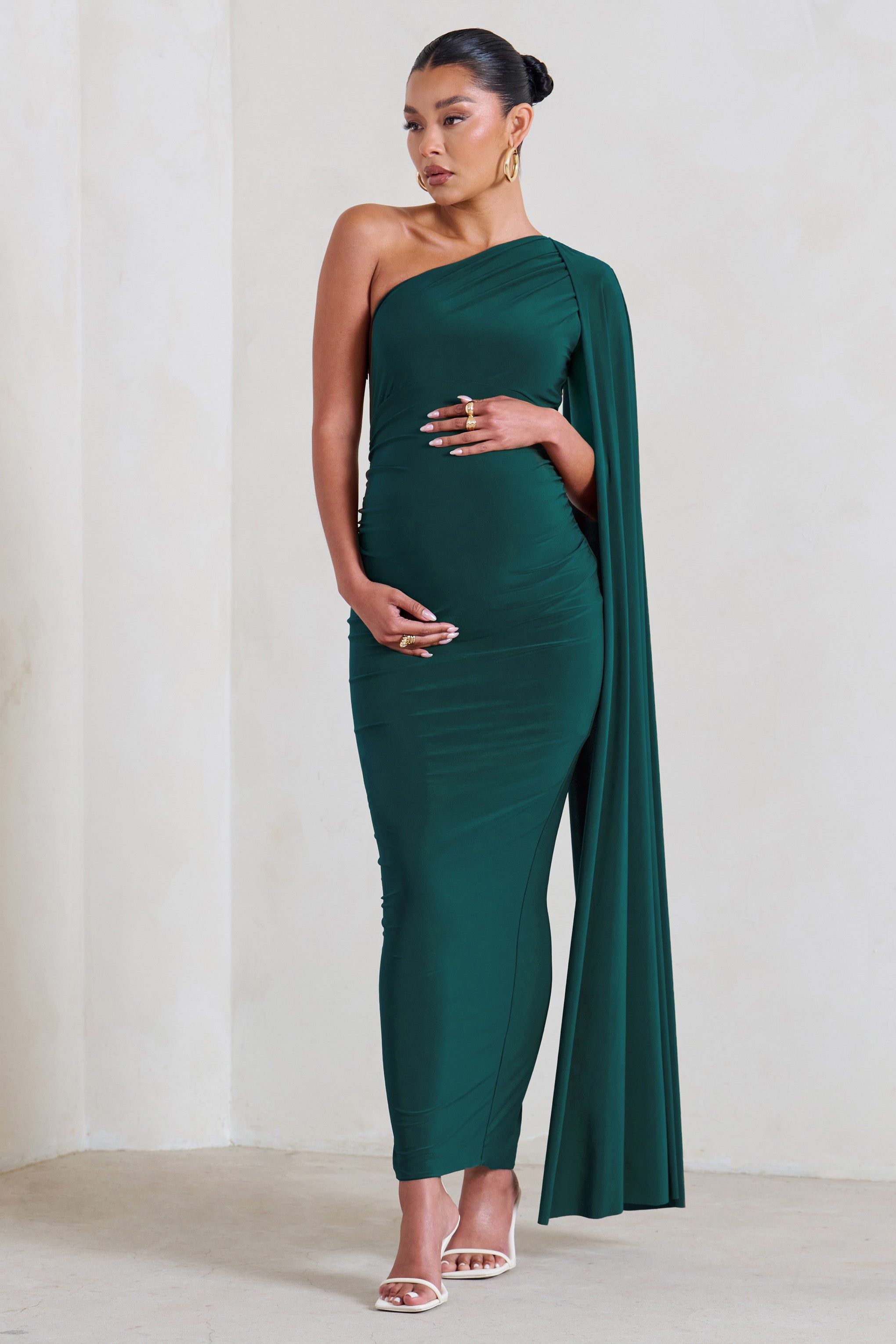 Amaryllis | Bottle Green Maternity One Shoulder Maxi Dress with Cape Sleeve sold by Club L London product image thumbnail 5