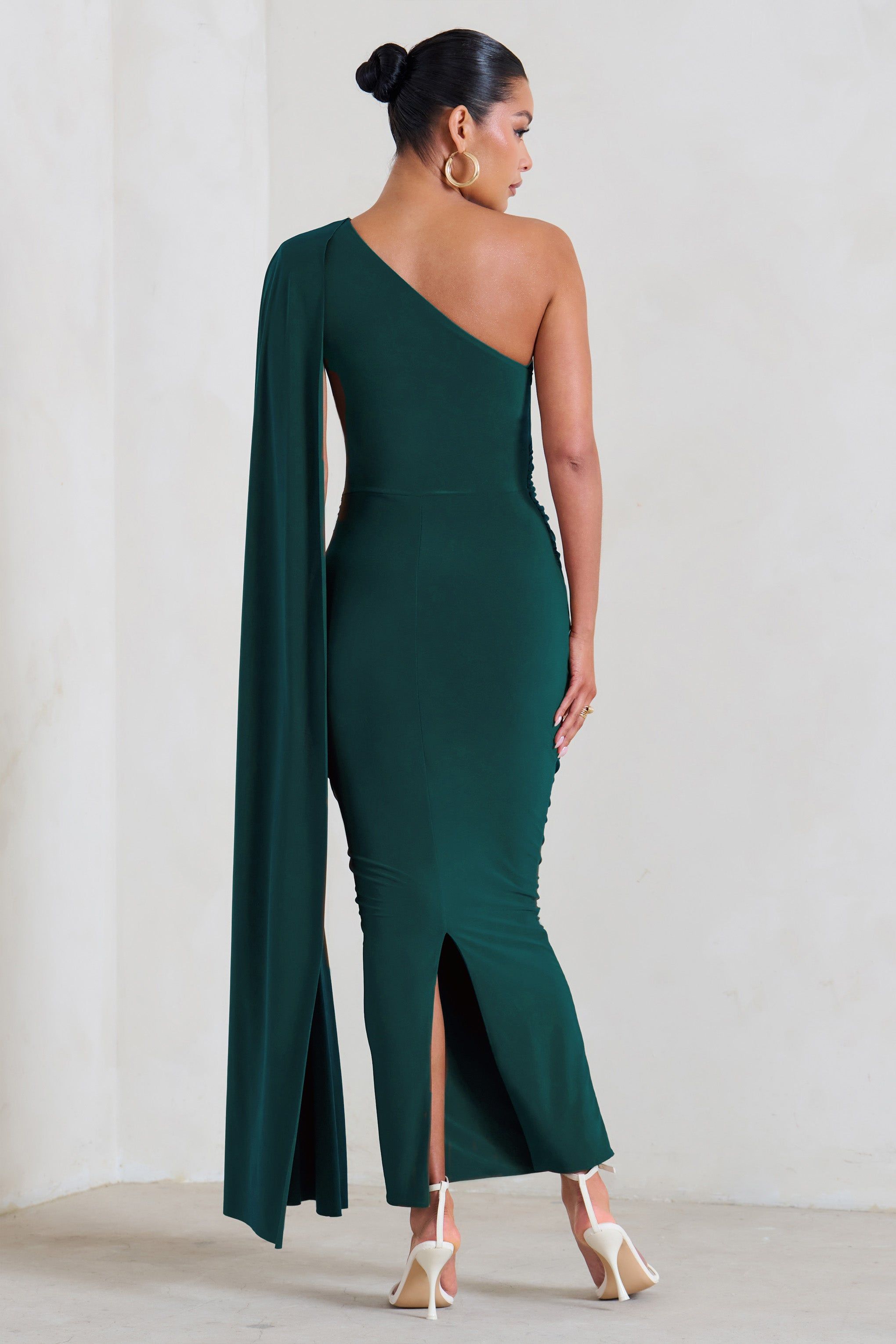 Amaryllis | Bottle Green Maternity One Shoulder Maxi Dress with Cape Sleeve sold by Club L London product image thumbnail 2
