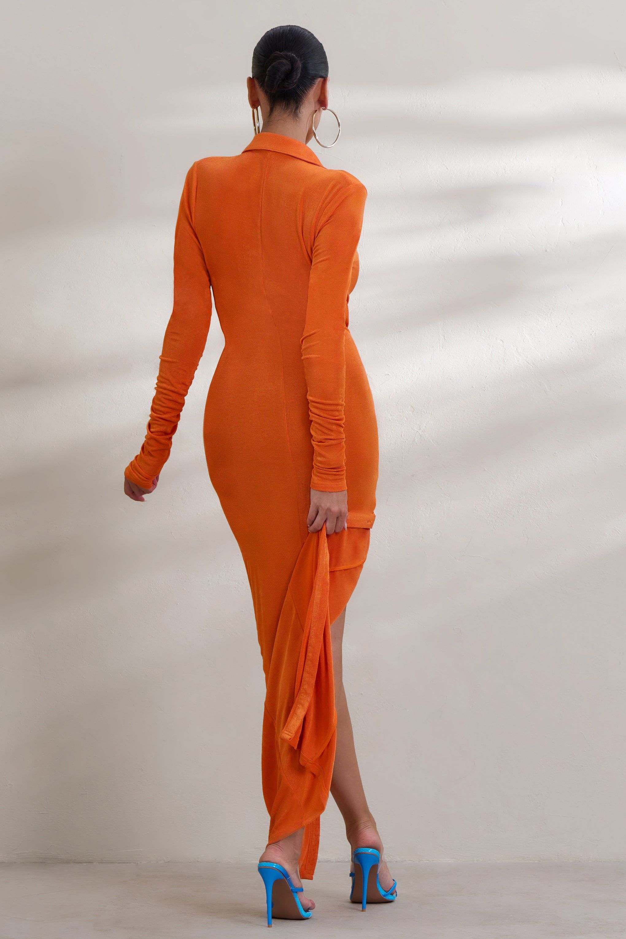 Restless Heart | Orange Plunge Neck Ruched Detail Maxi Dress sold by Club L London product image thumbnail 2