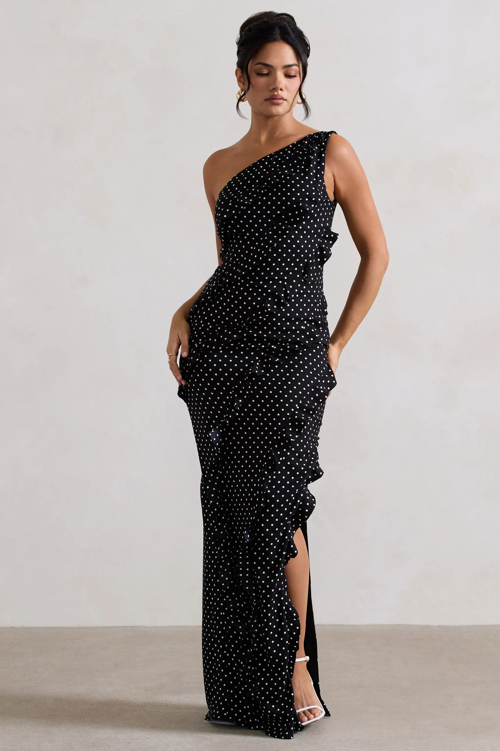 Zafra | Black Polka Dot Asymmetric Ruffle Maxi Dress sold by Club L London product image thumbnail 5