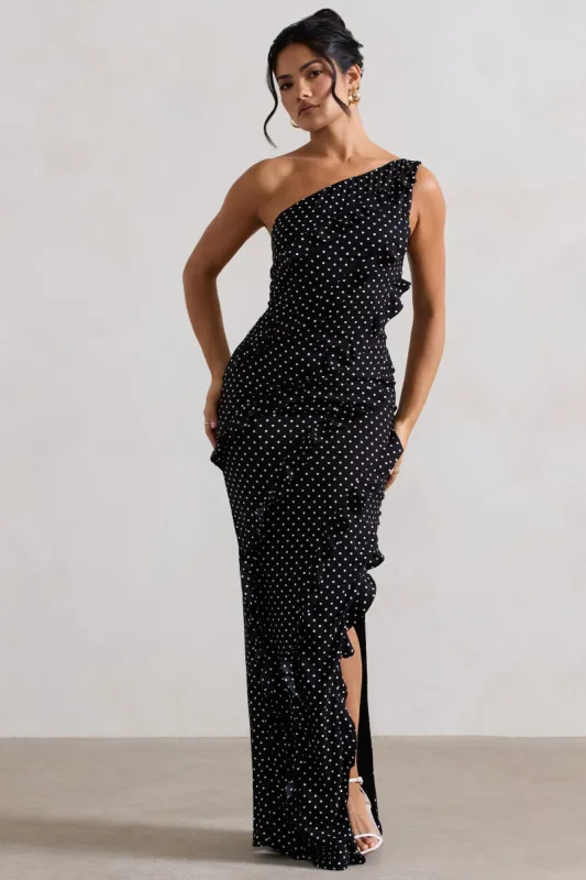Zafra | Black Polka Dot Asymmetric Ruffle Maxi Dress made by Club L London