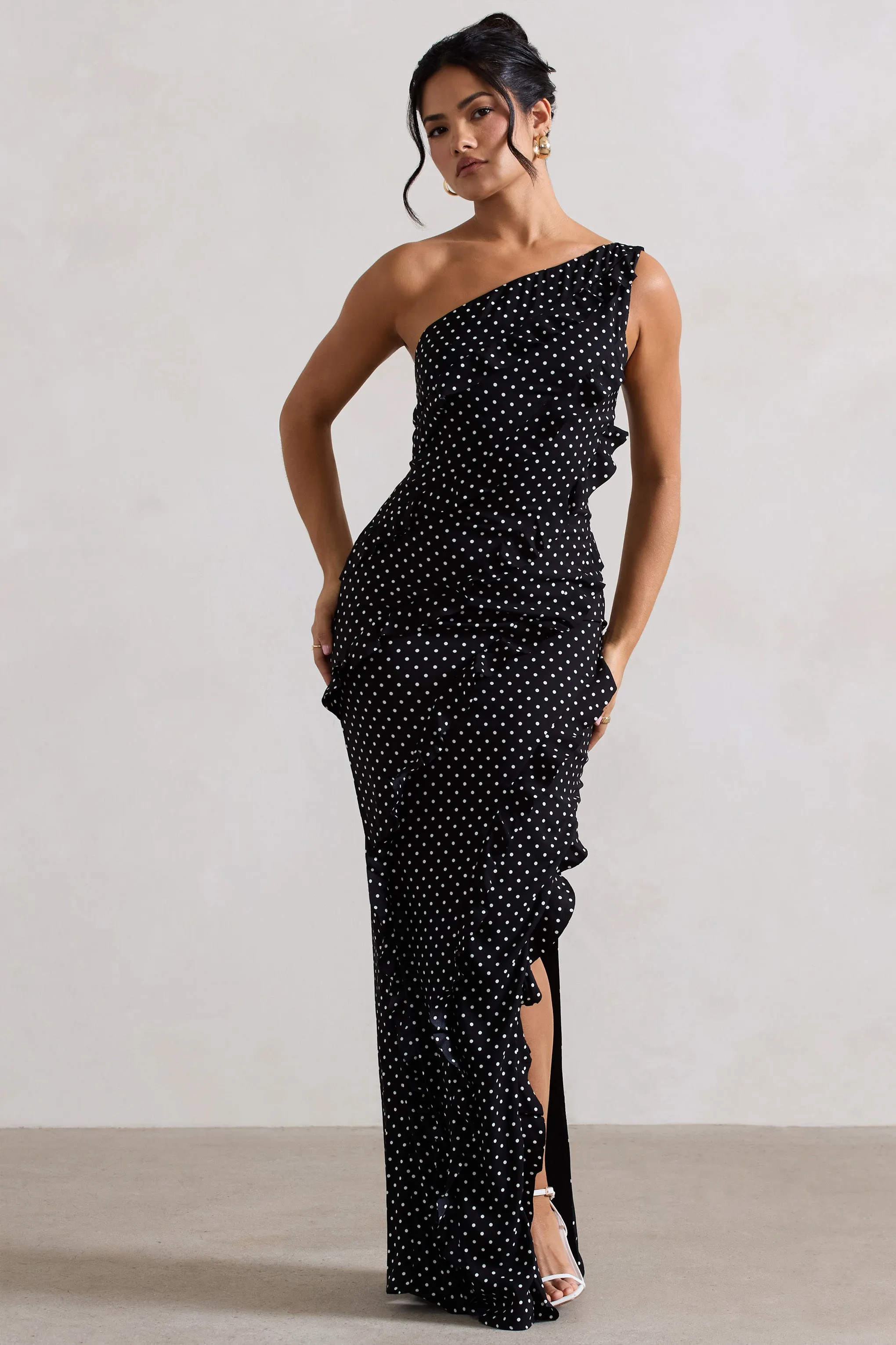 Zafra | Black Polka Dot Asymmetric Ruffle Maxi Dress sold by Club L London