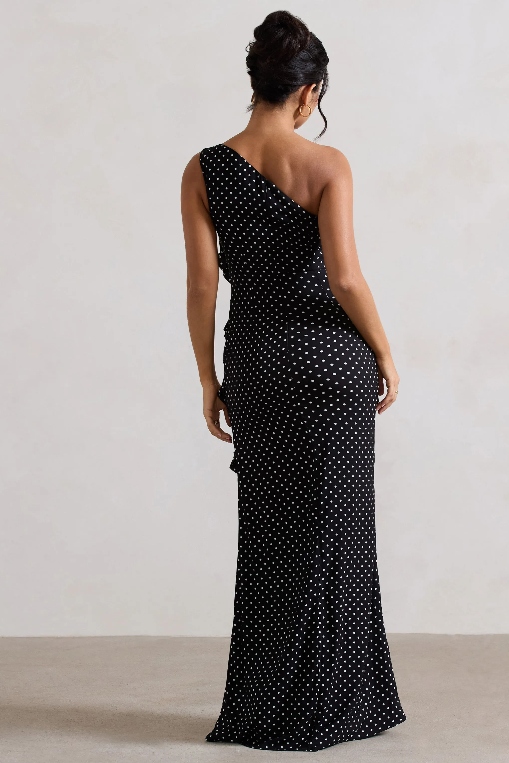 Zafra | Black Polka Dot Asymmetric Ruffle Maxi Dress sold by Club L London product image thumbnail 2