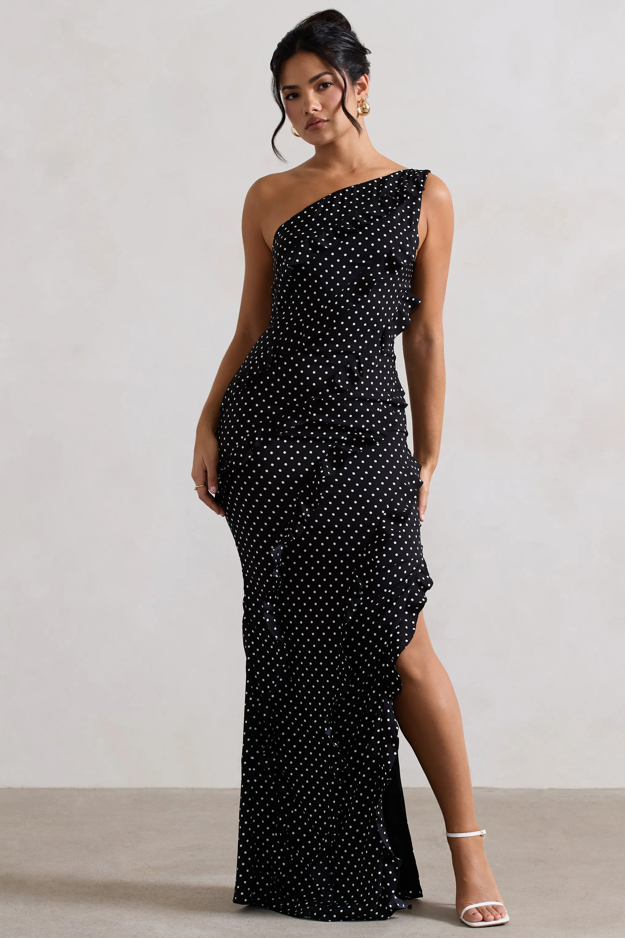 Zafra | Black Polka Dot Asymmetric Ruffle Maxi Dress sold by Club L London product image thumbnail 4