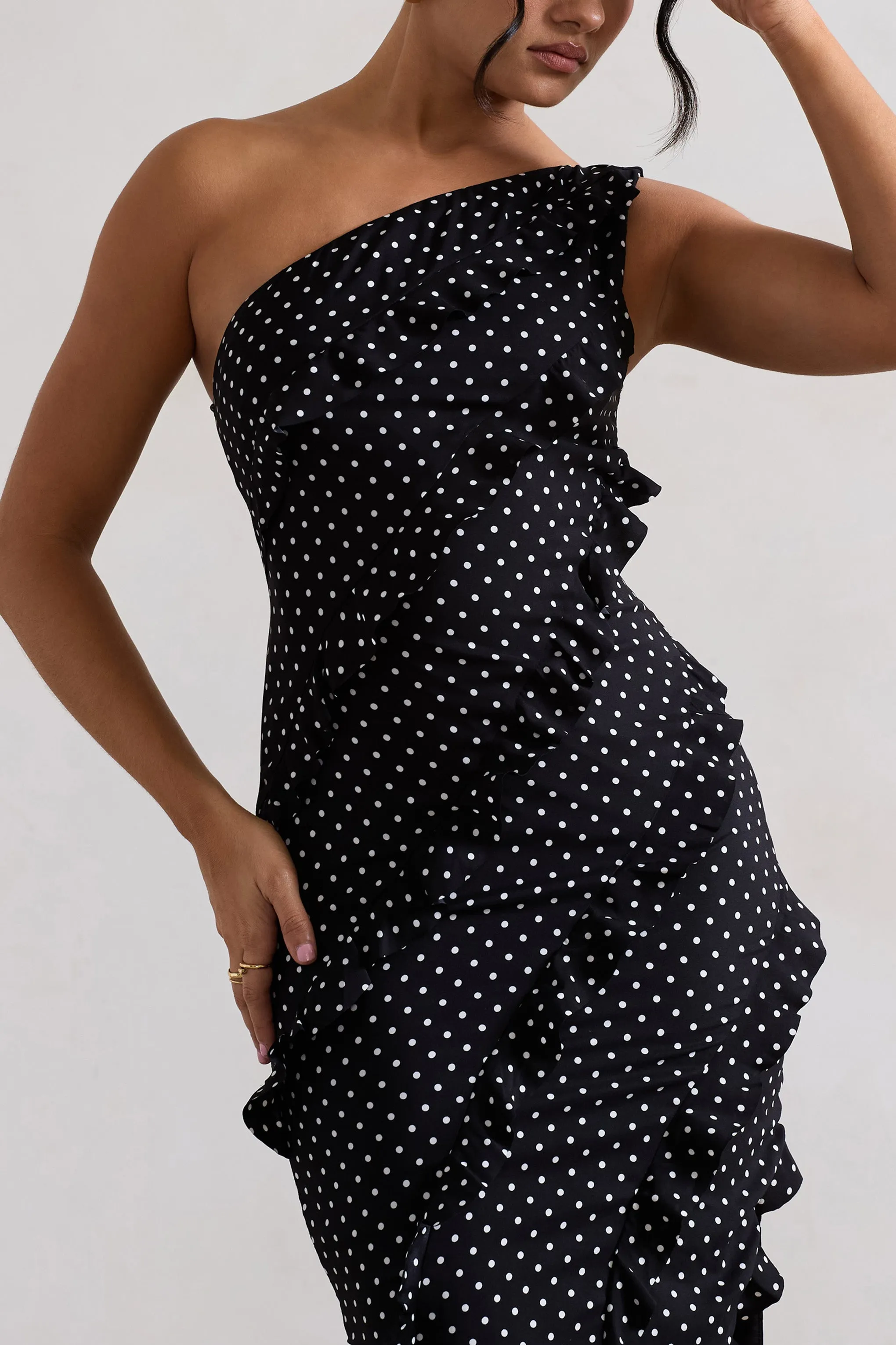 Zafra | Black Polka Dot Asymmetric Ruffle Maxi Dress sold by Club L London product image thumbnail 3