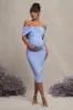Alyssa | Powder Blue Bardot Bow Maternity Midi Dress with Ruching sold by Club L London