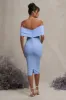 Alyssa | Powder Blue Bardot Bow Maternity Midi Dress with Ruching sold by Club L London
