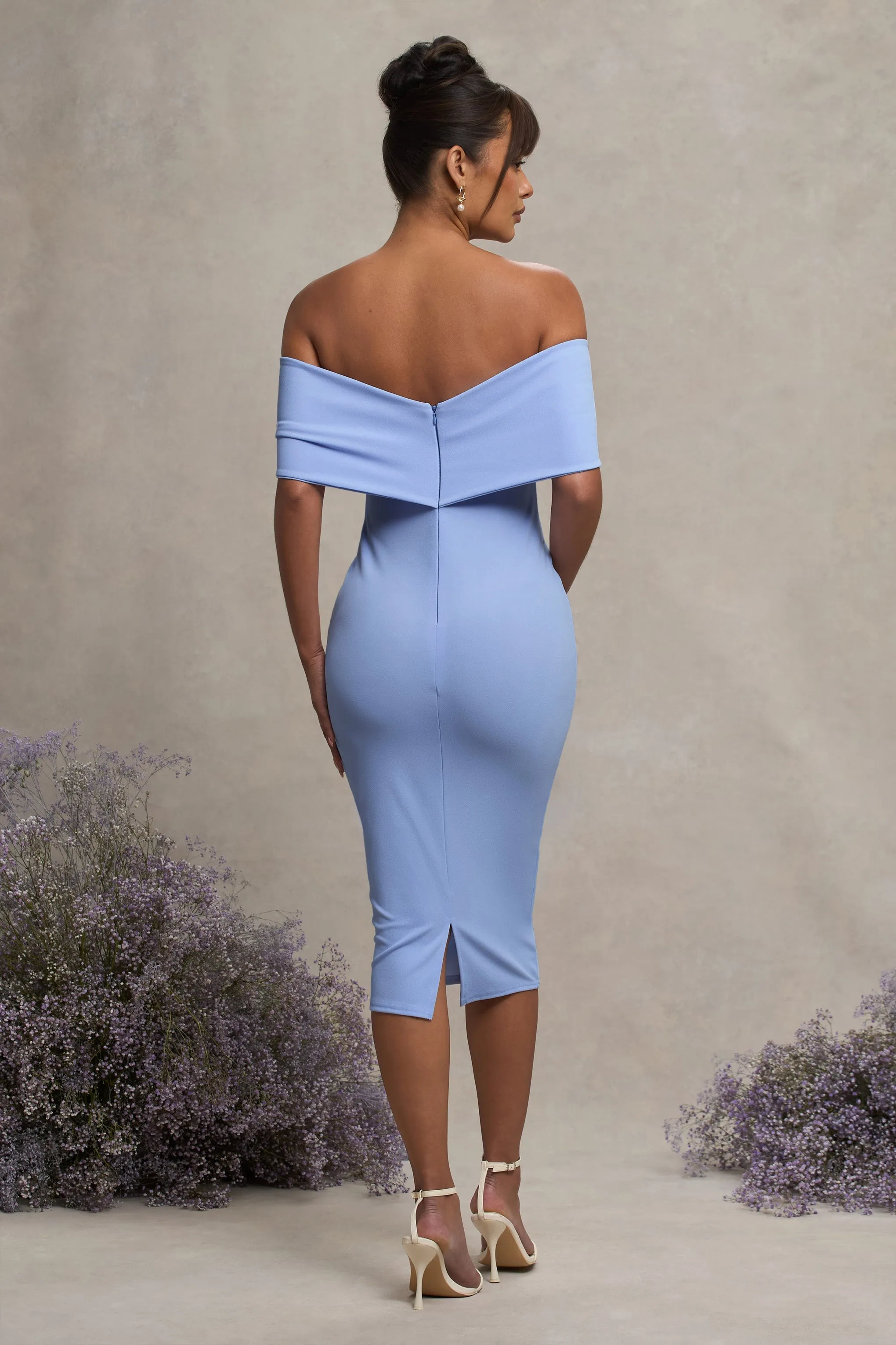 Alyssa | Powder Blue Bardot Bow Maternity Midi Dress with Ruching sold by Club L London product image thumbnail 2