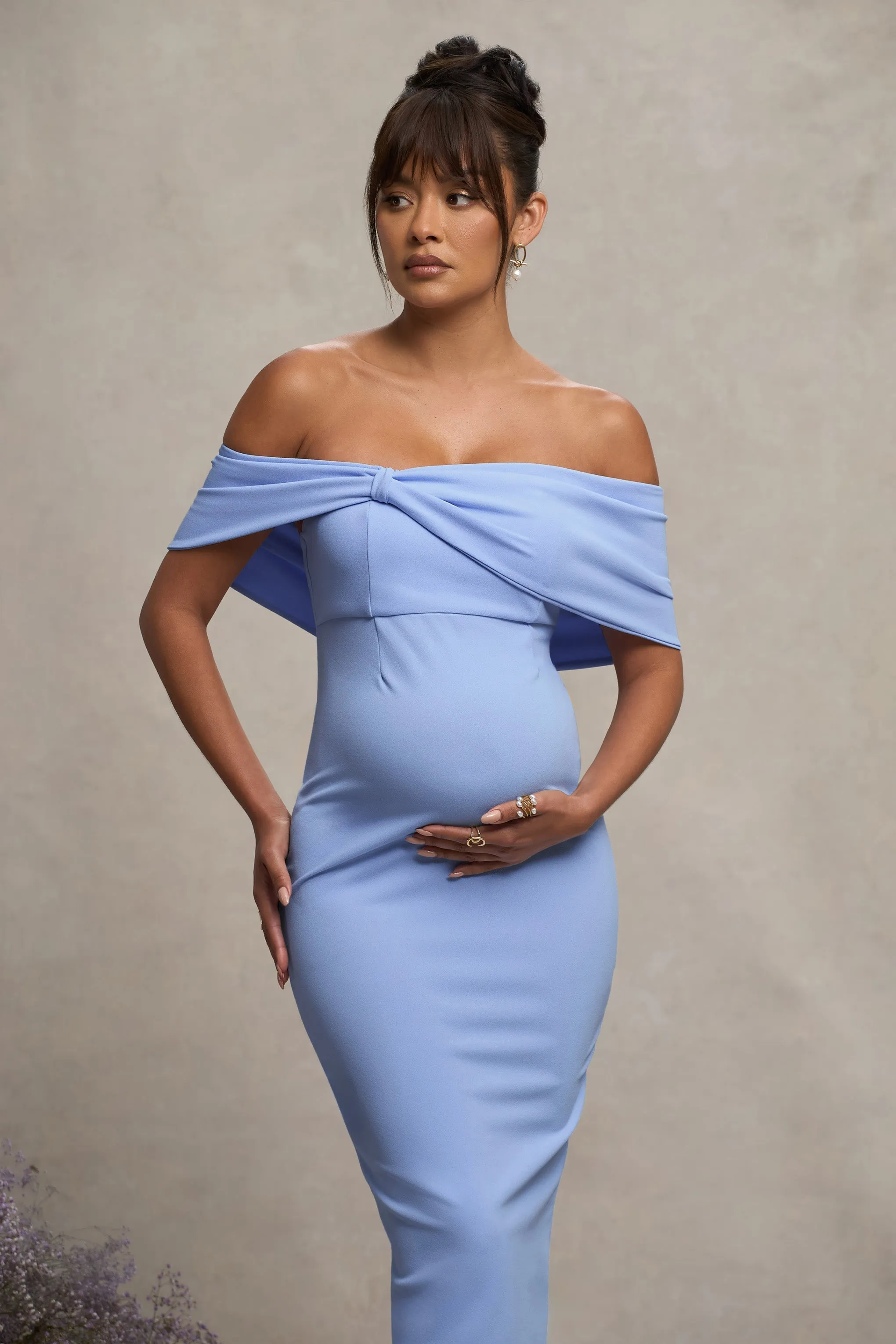 Alyssa | Powder Blue Bardot Bow Maternity Midi Dress with Ruching sold by Club L London product image thumbnail 3