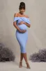 Alyssa | Powder Blue Bardot Bow Maternity Midi Dress with Ruching sold by Club L London