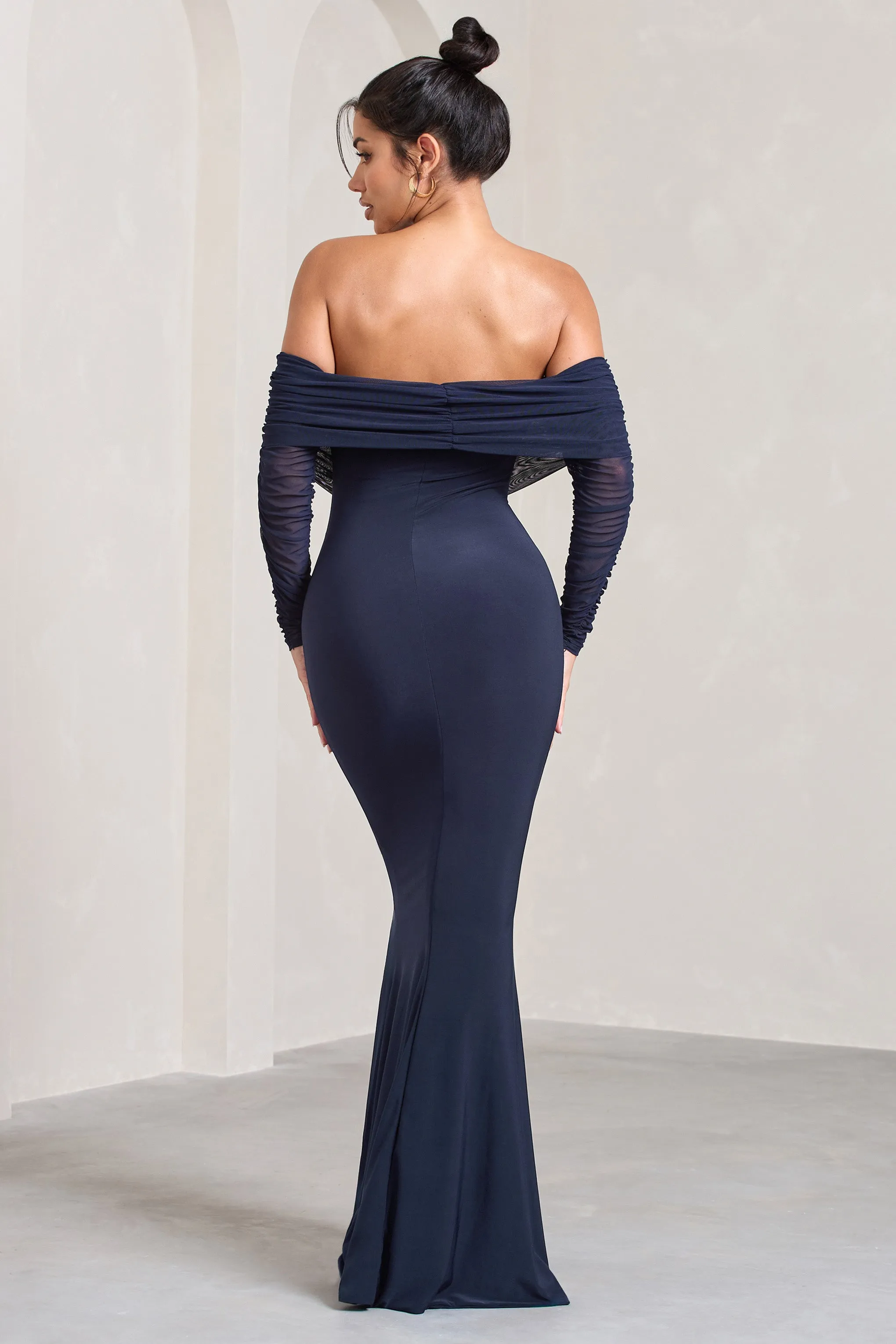 Madeleine | Navy Fishtail Maxi Dress With Bardot Mesh Long Sleeves sold by Club L London product image thumbnail 2