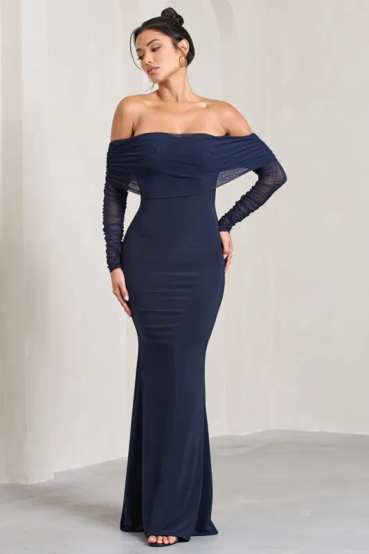 Madeleine | Navy Fishtail Maxi Dress With Bardot Mesh Long Sleeves sold by Club L London