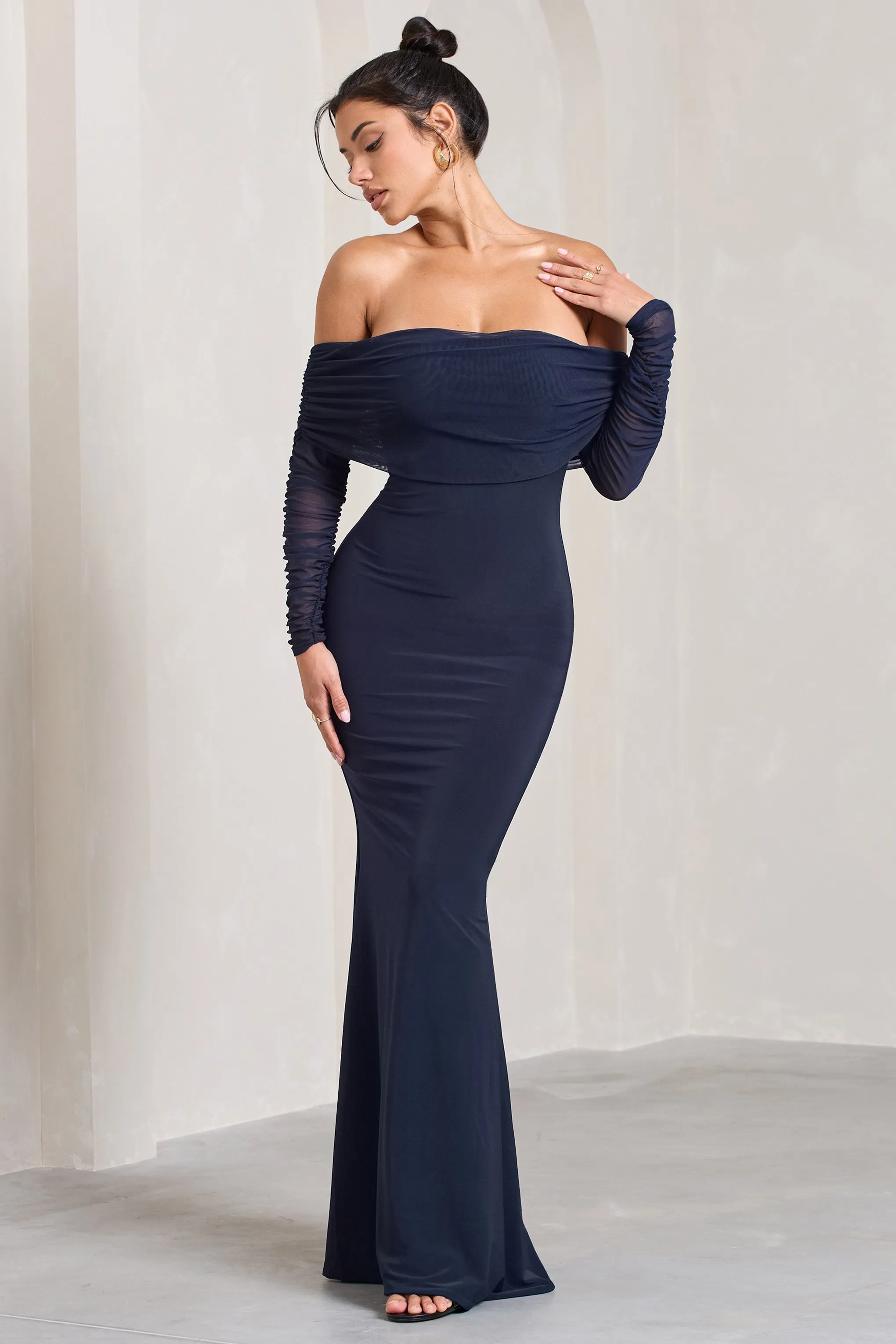 Madeleine | Navy Fishtail Maxi Dress With Bardot Mesh Long Sleeves sold by Club L London product image thumbnail 5