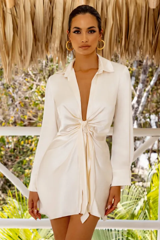 Sitting Pretty | Off White Tie Detail Satin Shirt Mini Dress sold by Club L London