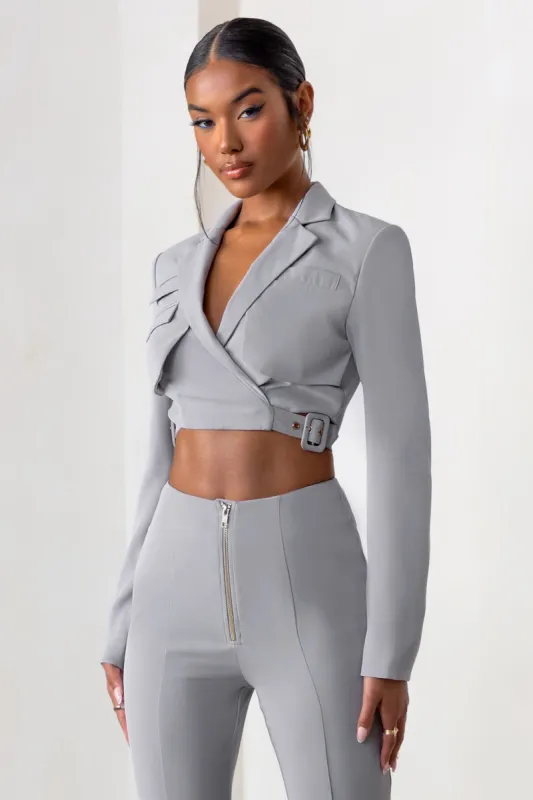 Privilege | Dove Grey Plunge Neck Belt Detail Crop Blazer sold by Club L London
