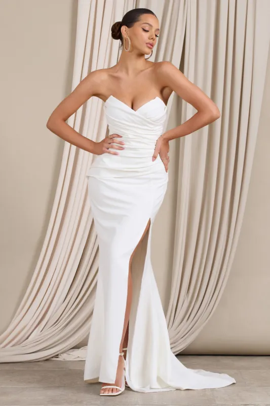 Elene | White Pleated Split Fishtail Maxi Dress sold by Club L London