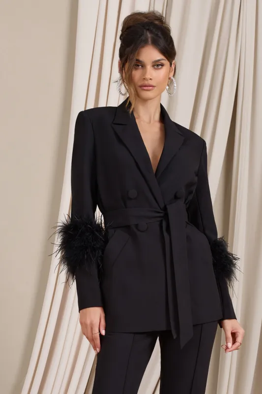 Just Like That | Black Belted Blazer With Feather Detail sold by Club L London