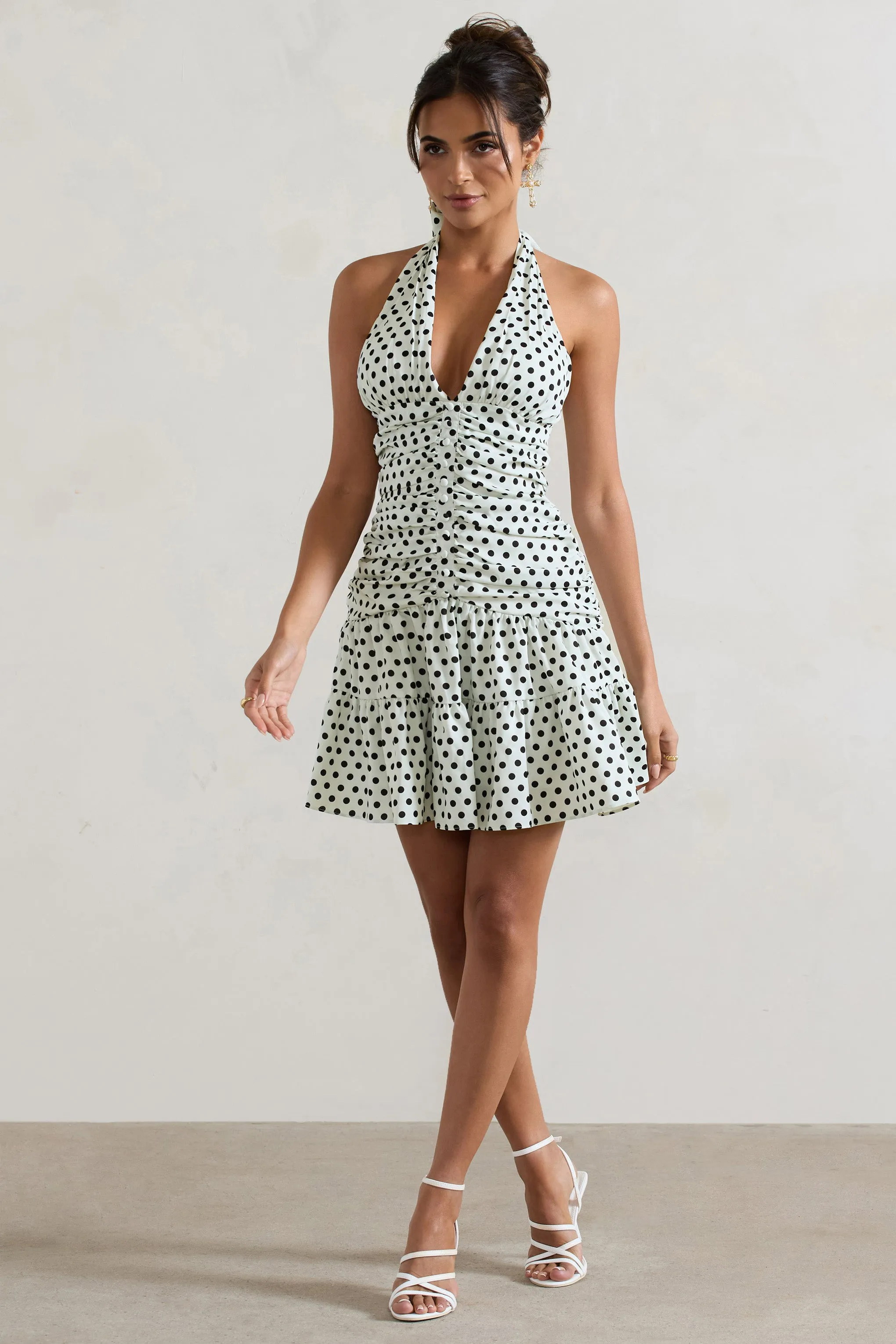 Verde | Polka Dot V-Neck Ruched Mini Dress With Flared Hem sold by Club L London
