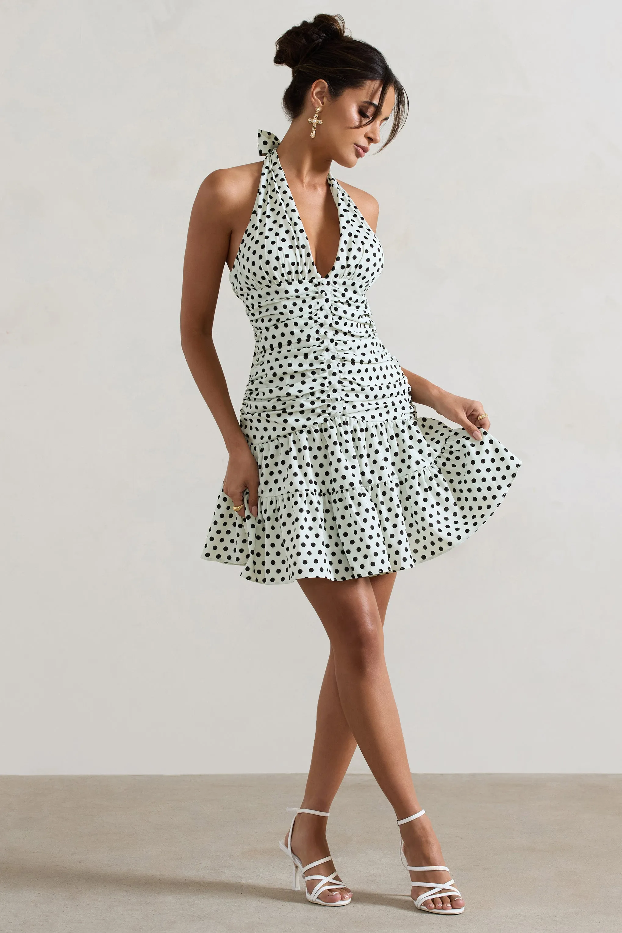Verde | Polka Dot V-Neck Ruched Mini Dress With Flared Hem sold by Club L London product image thumbnail 4