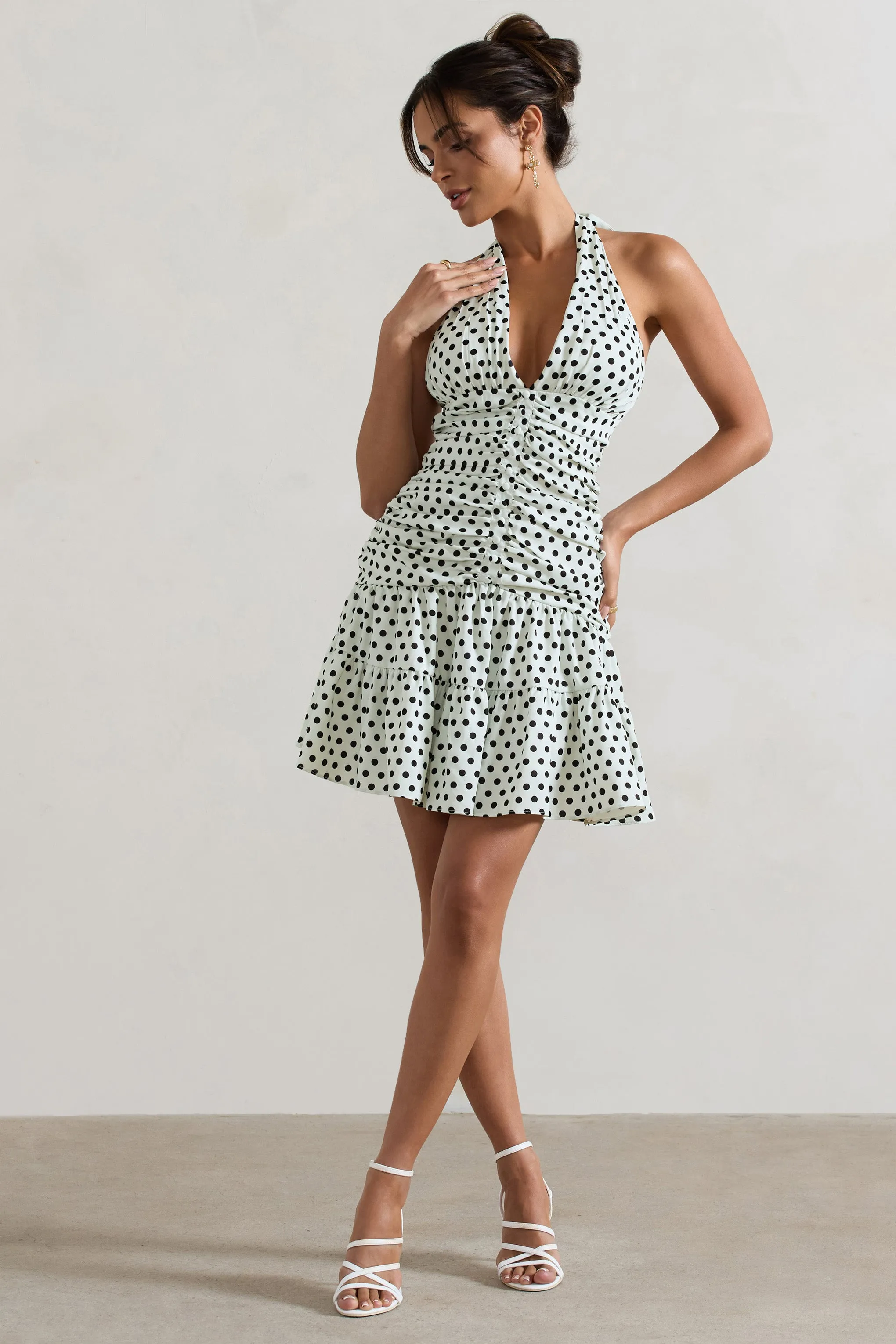 Verde | Polka Dot V-Neck Ruched Mini Dress With Flared Hem sold by Club L London product image thumbnail 5