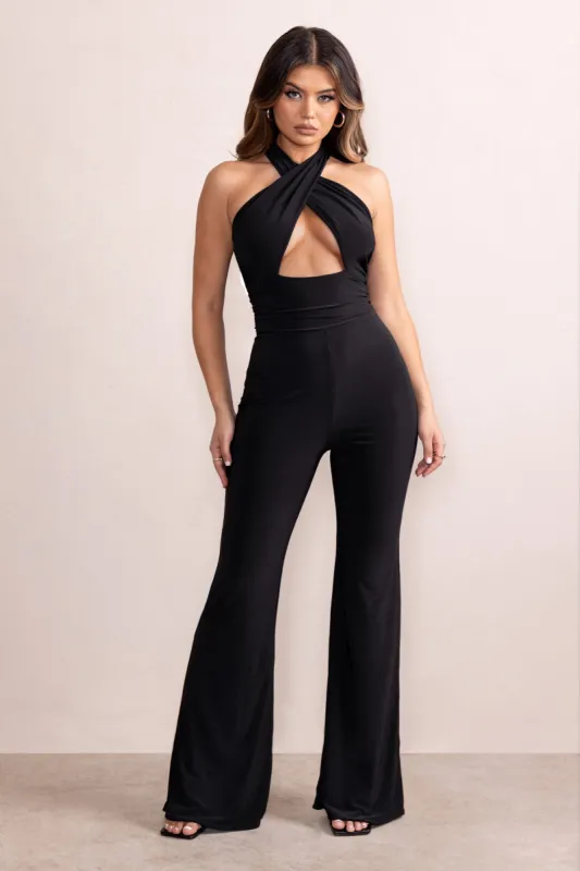 Pure Confidence | Black Crossover Halter Neck Front Cut Out Wide Leg Jumpsuit sold by Club L London