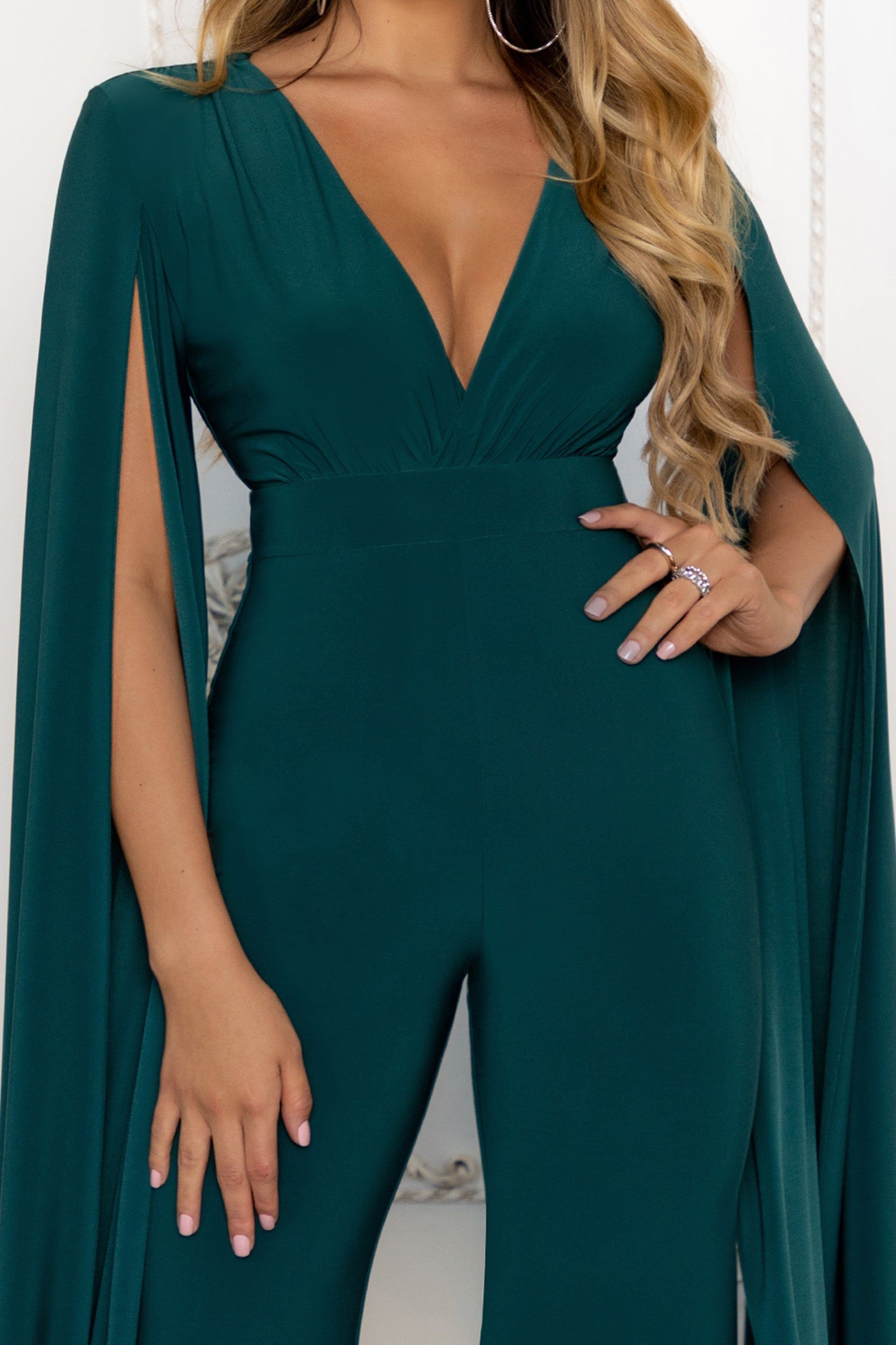 Triumph | Bottle Green Plunge Neck Cape Jumpsuit sold by Club L London product image thumbnail 3