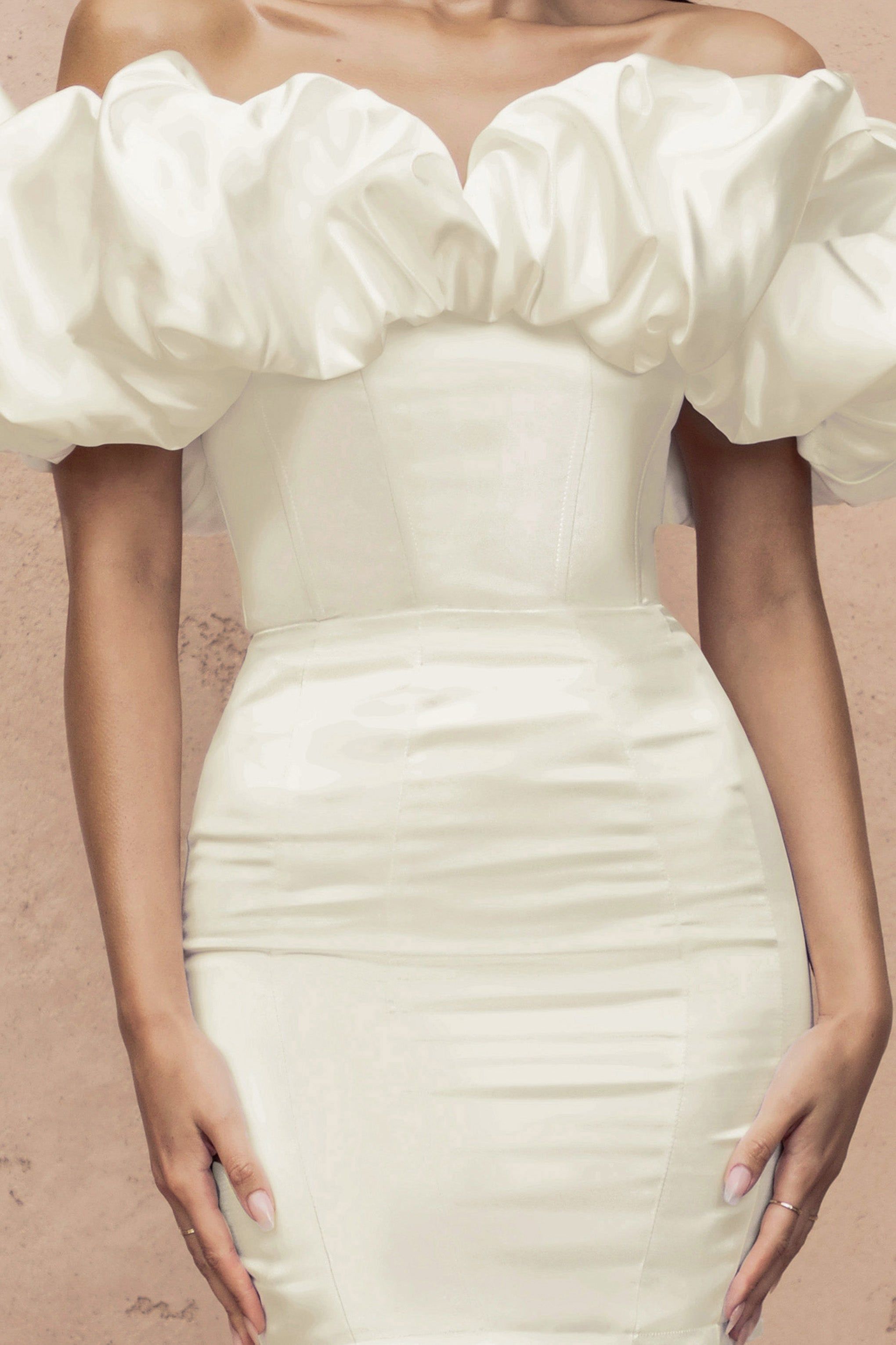 Fairyland | Cream Bardot Extreme Ruffle Corset Style Mini Dress sold by Club L London product image thumbnail 3