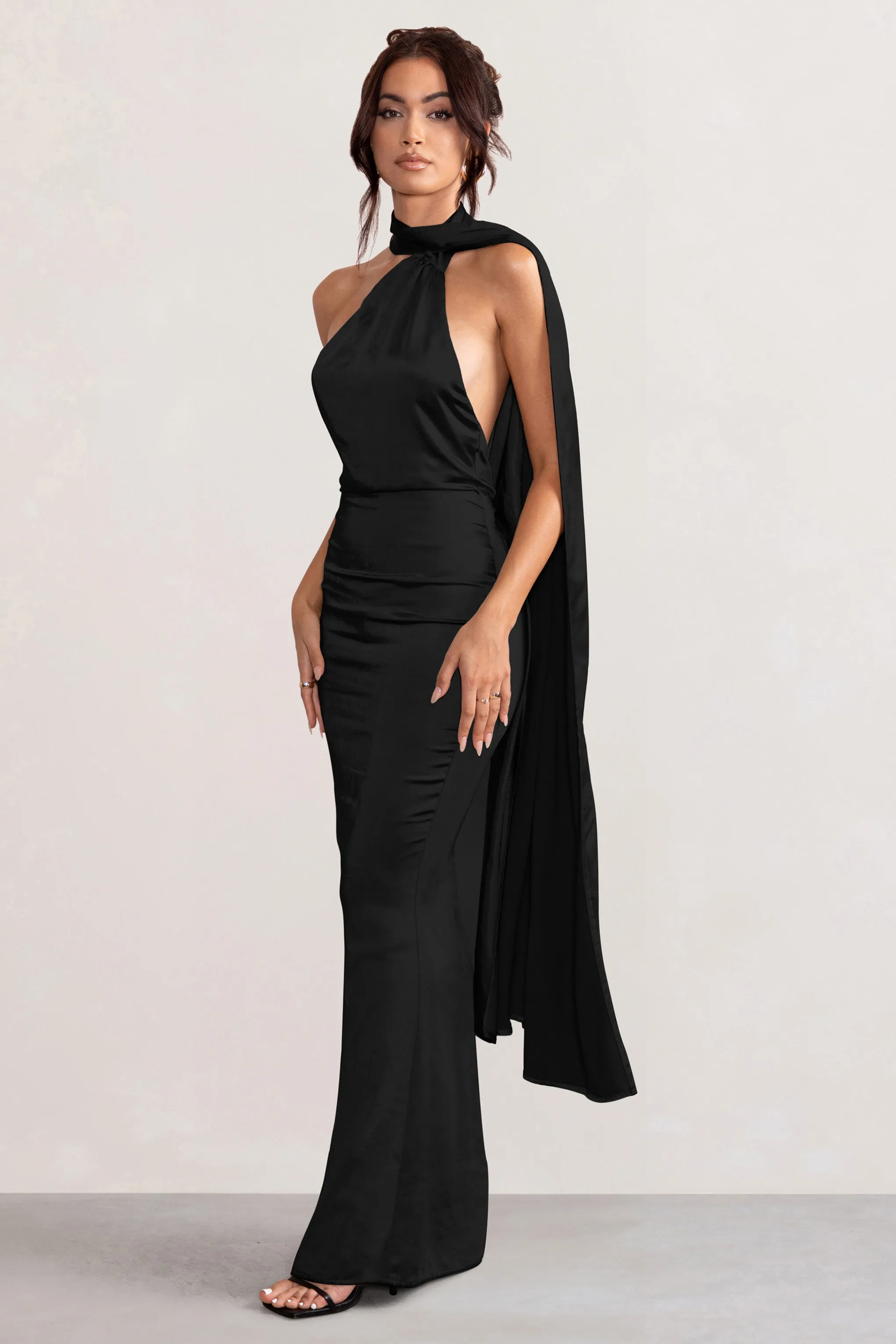 navy blue dress for baby girl Devinae Black Asymmetric-Neck Midi-Dress With Open-Back And Scarf-De – Club  L London