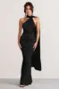 Mademoiselle | Black Satin Asymmetric Scarf Neck Backless Maxi Dress sold by Club L London
