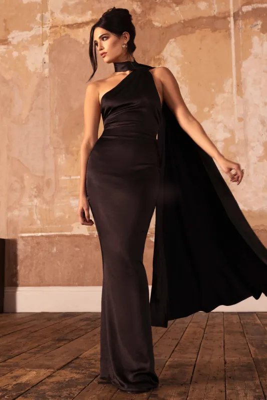 Mademoiselle | Black Satin Asymmetric Scarf Neck Backless Maxi Dress sold by Club L London