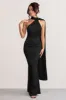 Mademoiselle | Black Satin Asymmetric Scarf Neck Backless Maxi Dress sold by Club L London