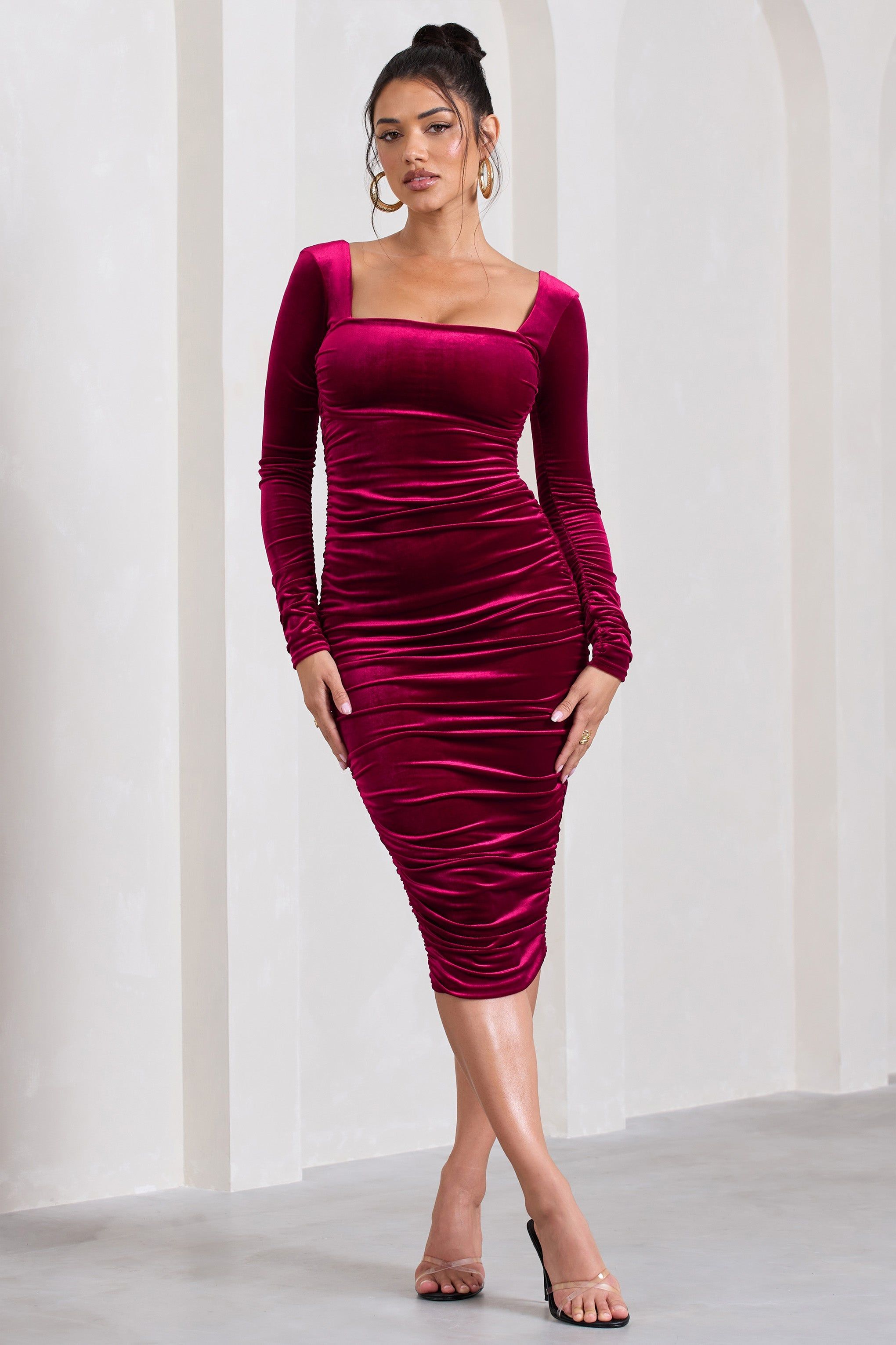 Juliette | Berry Velvet Square-Neck Long-Sleeved Bodycon Midi Dress sold by Club L London