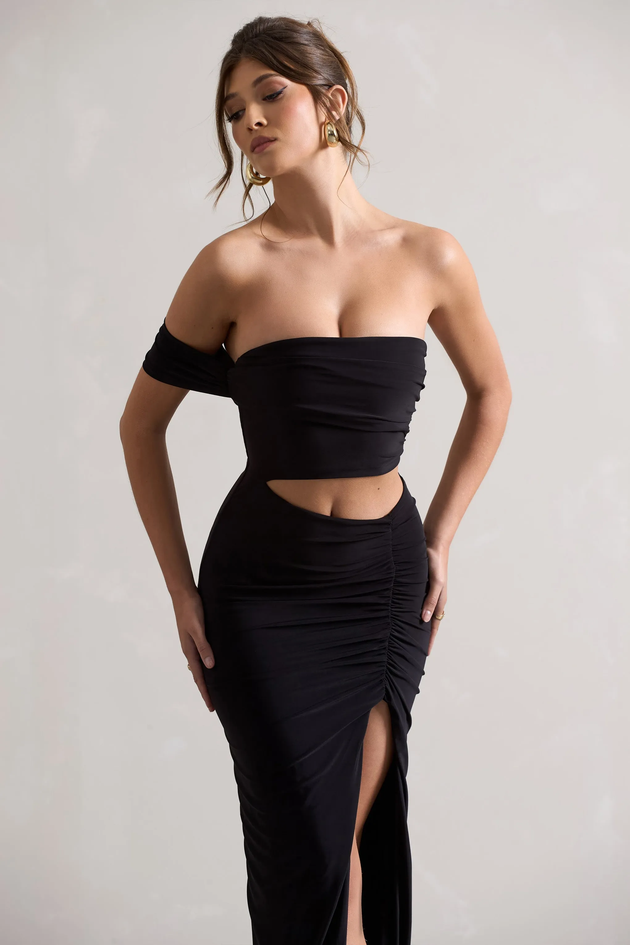 Gilded | Black One-Sleeved Cut-Out Split Maxi Dress sold by Club L London product image thumbnail 3