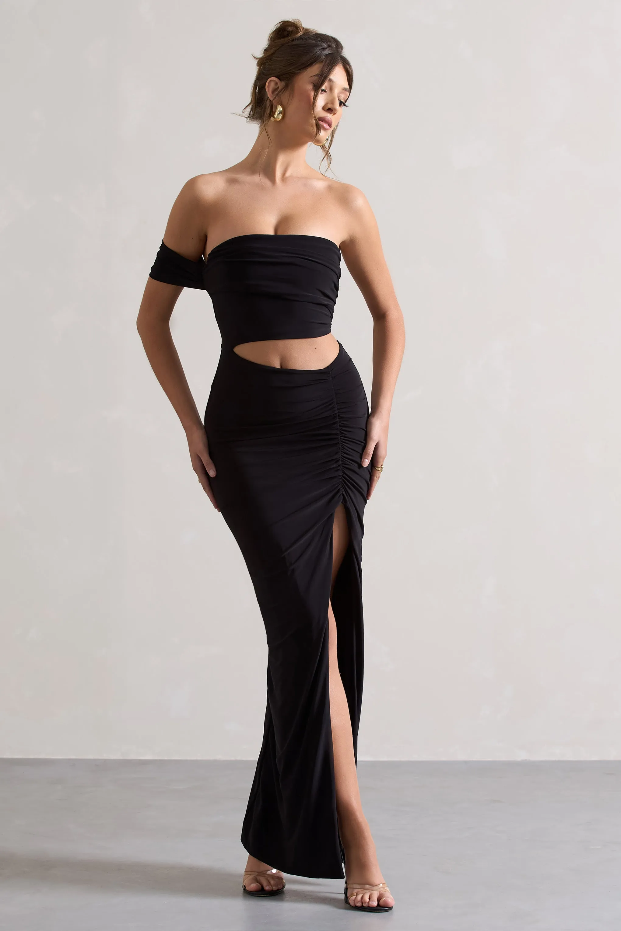 Gilded | Black One-Sleeved Cut-Out Split Maxi Dress sold by Club L London product image thumbnail 4