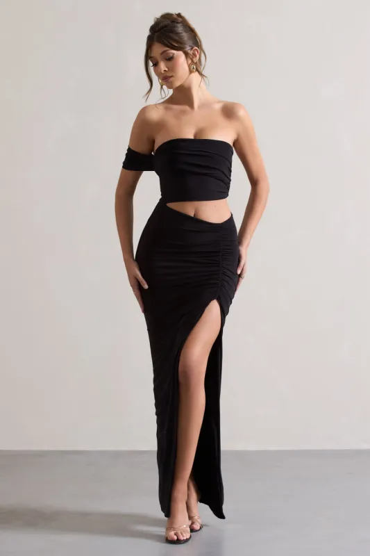 Gilded | Black One-Sleeved Cut-Out Split Maxi Dress sold by Club L London