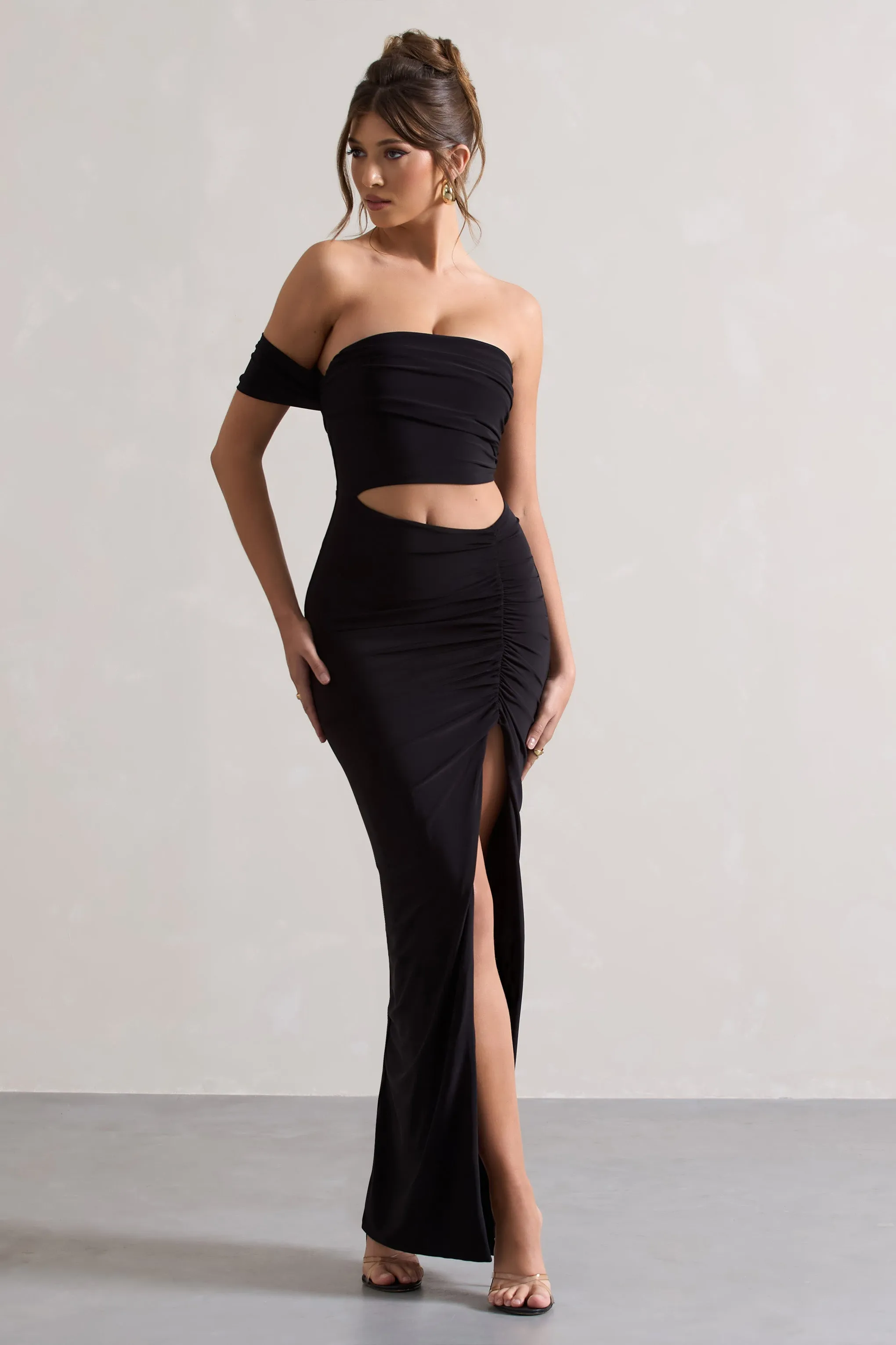Gilded | Black One-Sleeved Cut-Out Split Maxi Dress sold by Club L London product image thumbnail 5