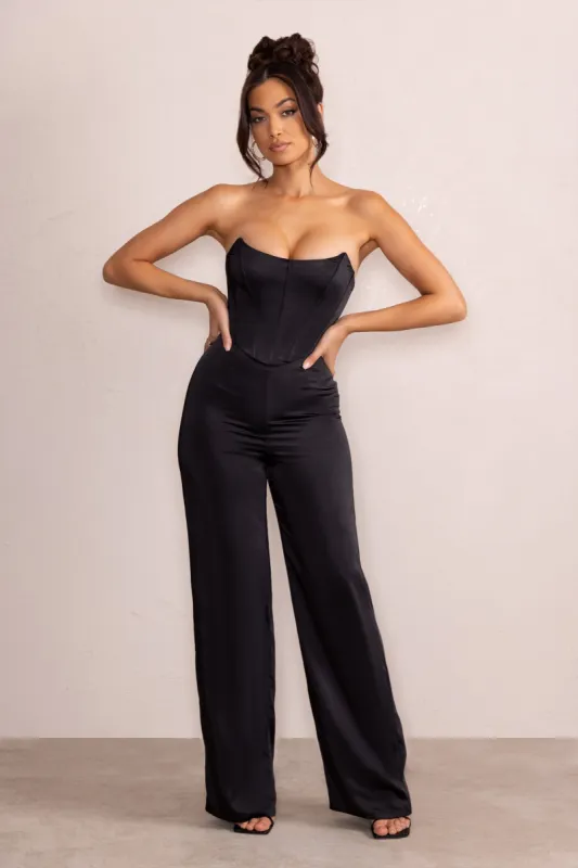 Sophia | Petite Black Satin Bandeau Corset Wide Leg Jumpsuit sold by Club L London