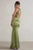 Unstoppable | Olive Green Satin Cross Over Halter Neck Maxi Dress sold by Club L London