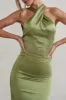 Unstoppable | Olive Green Satin Cross Over Halter Neck Maxi Dress sold by Club L London