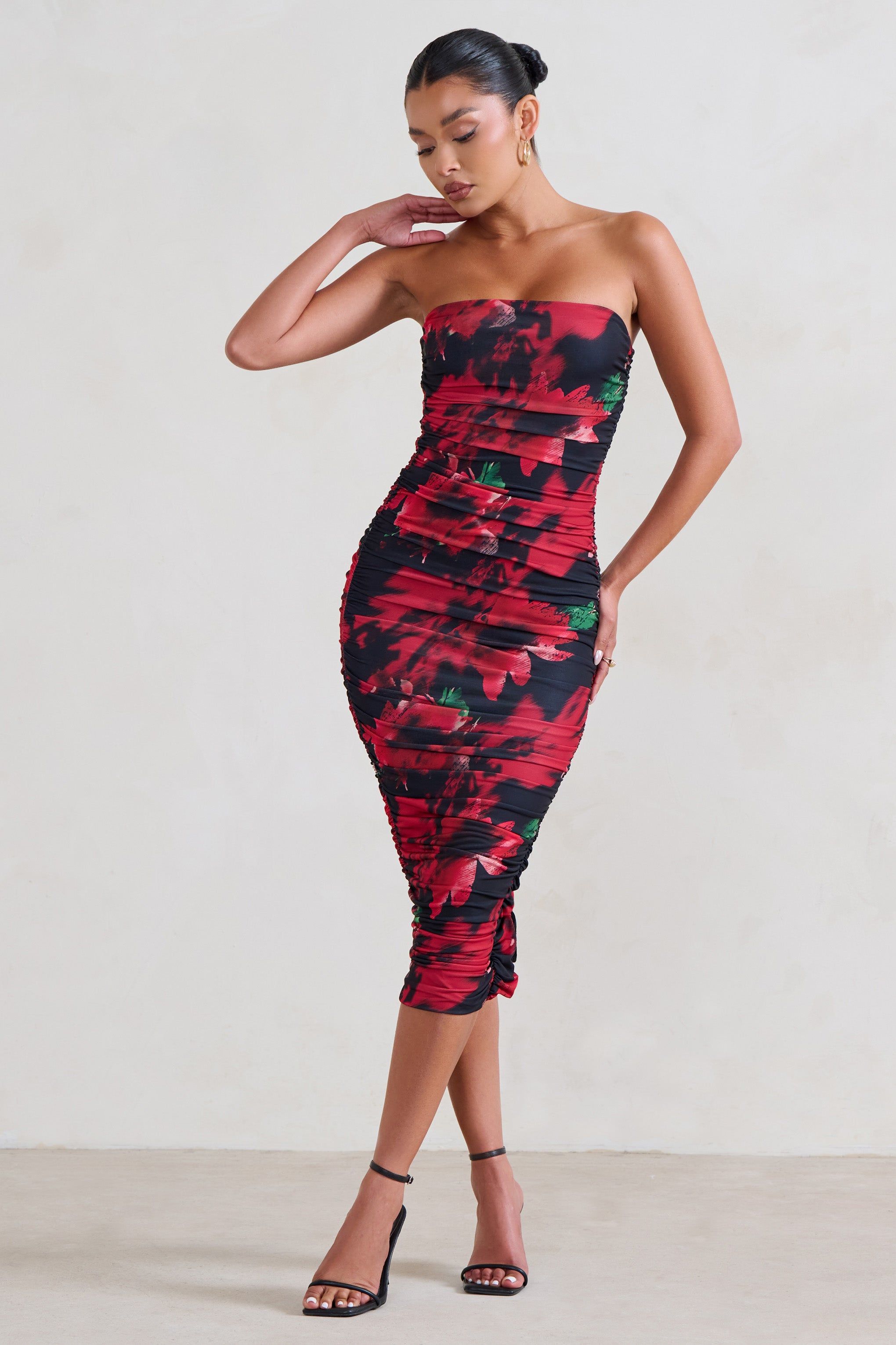 My Girl | Black & Red Floral Print Bandeau Bodycon Ruched Mesh Midi Dress sold by Club L London product image thumbnail 4