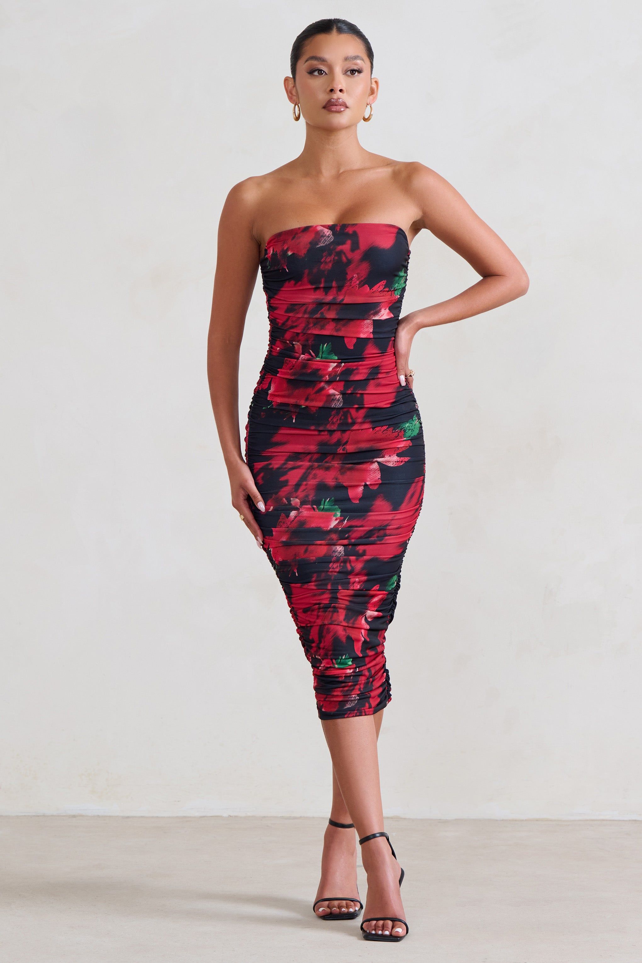 My Girl | Black & Red Floral Print Bandeau Bodycon Ruched Mesh Midi Dress sold by Club L London
