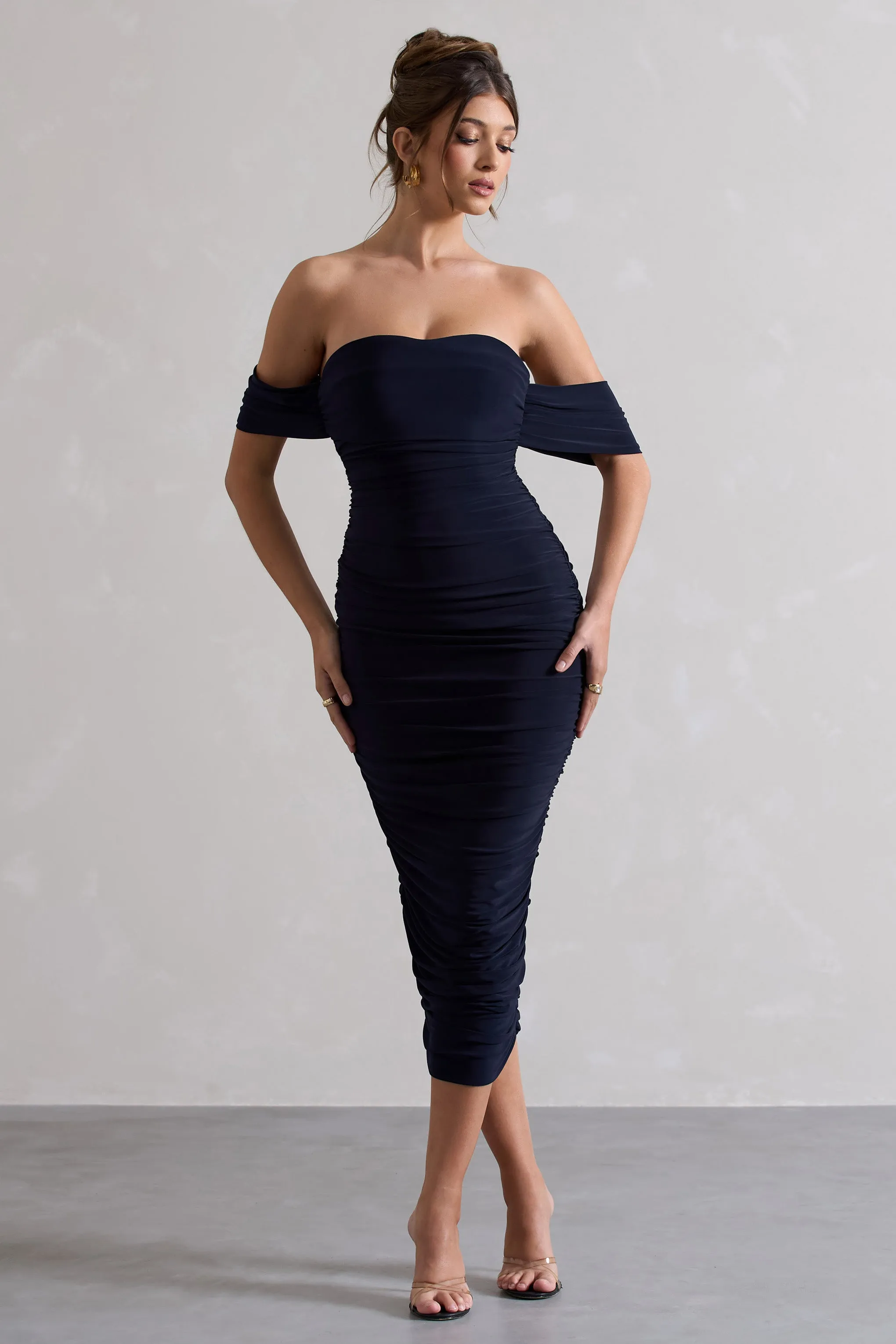 Lost For Words | Navy Bardot Ruched Draped Midi Dress sold by Club L London product image thumbnail 5