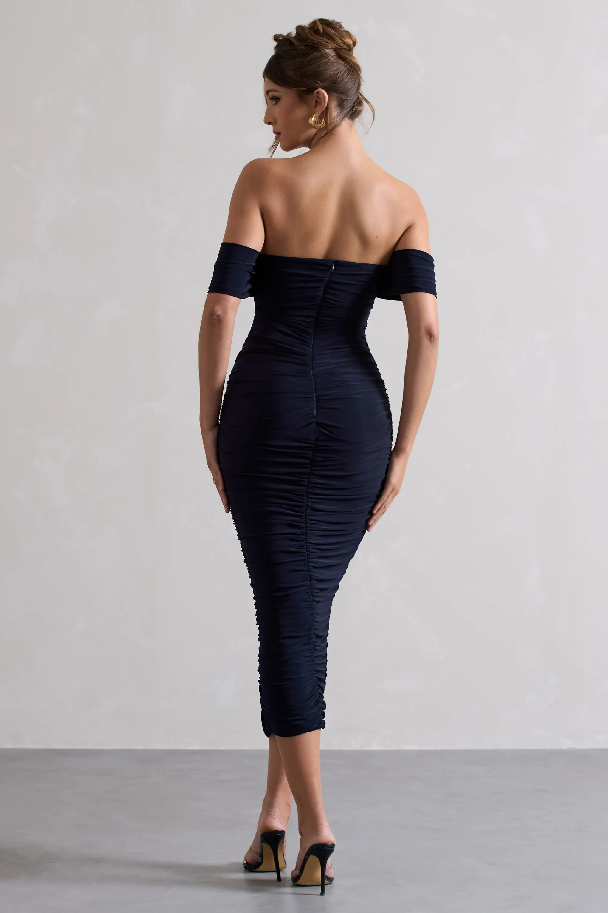 Lost For Words | Navy Bardot Ruched Draped Midi Dress sold by Club L London product image thumbnail 2