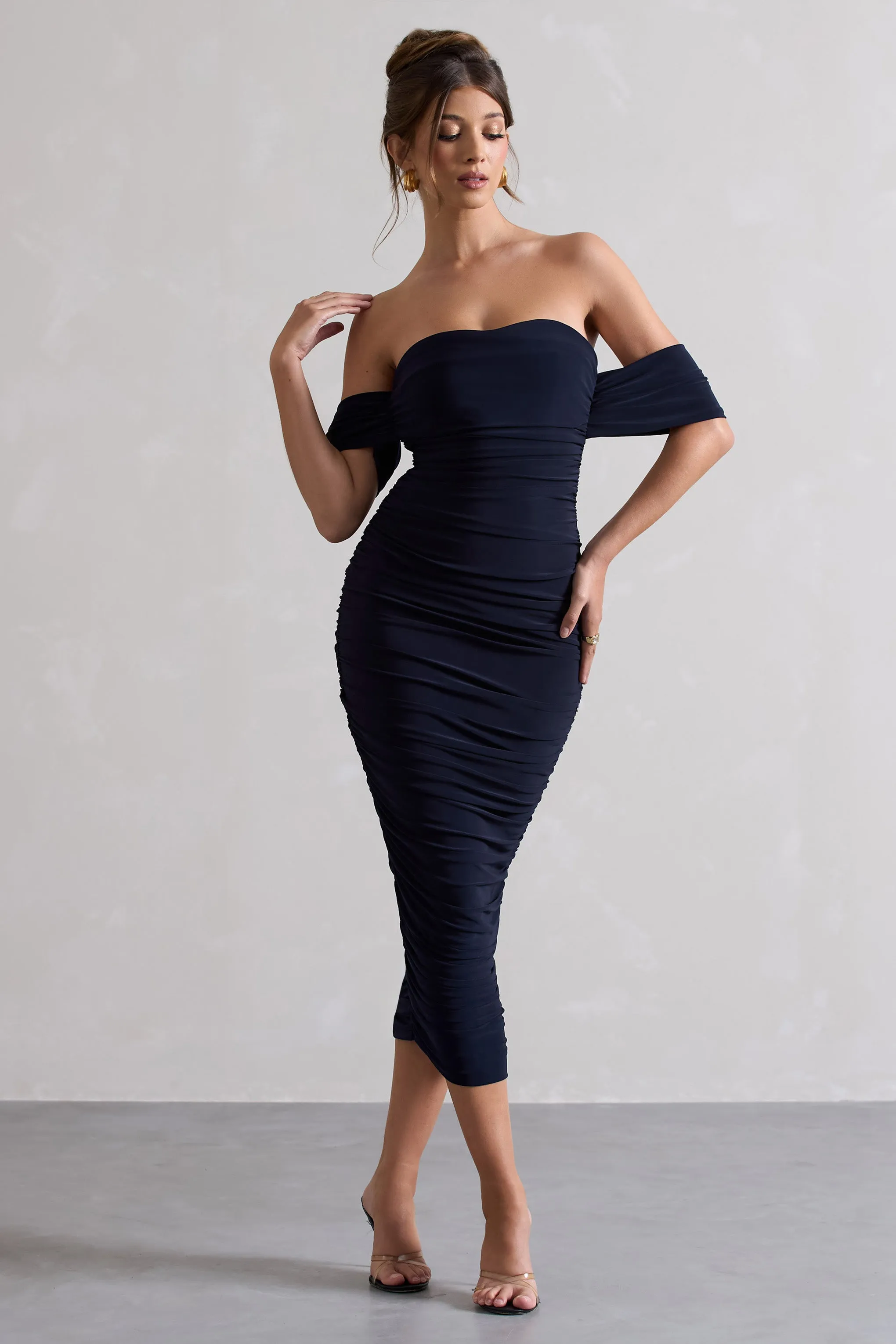 Lost For Words | Navy Bardot Ruched Draped Midi Dress sold by Club L London